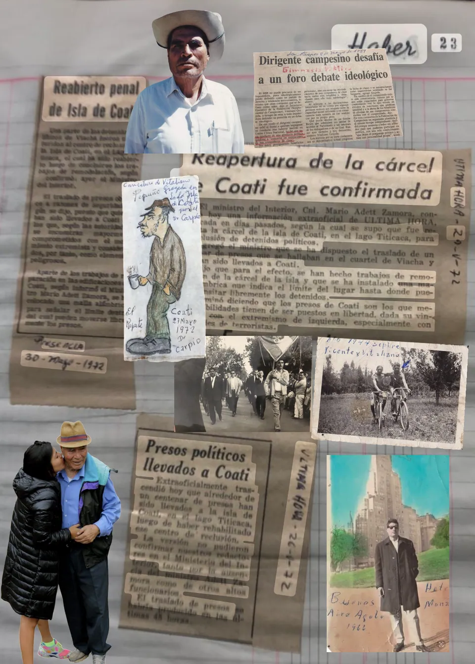 Recortes de periódico y fotografías sobre la cárcel de la isla Coati, dispuestos como un collage.