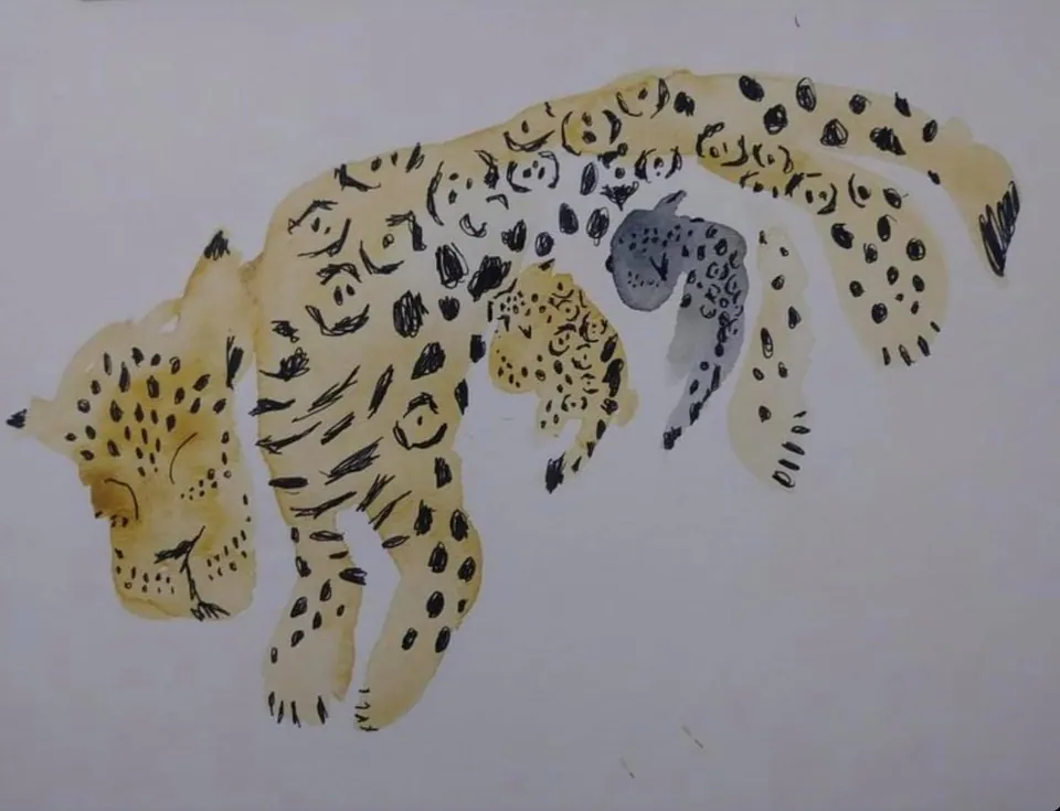 Una acuarela de una jaguar y su cría.