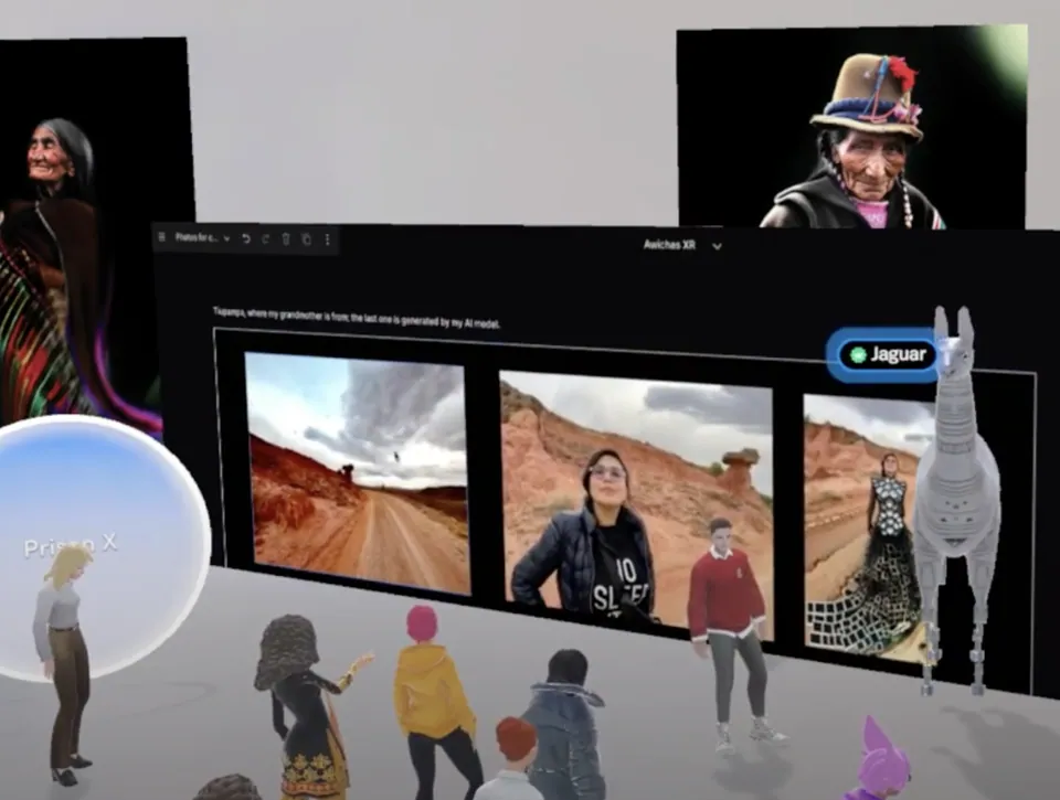 Avatares en una galería virtual miran fotografías.