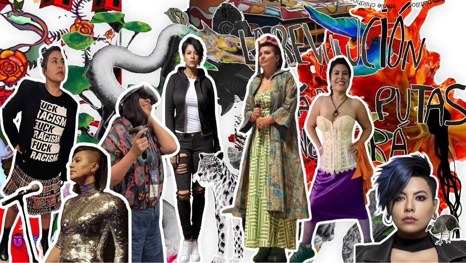 Un collage de una mujer con muchos atuendos, sobre flores y letras pintadas.
