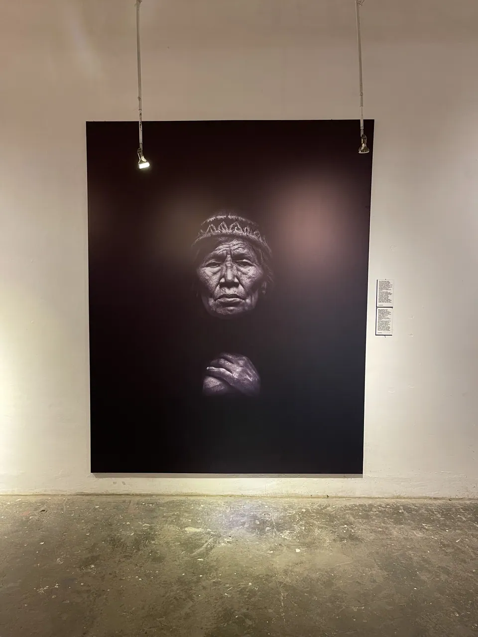 Un gran retrato en blanco y negro de una abuela andina cuelga en una galería blanca.