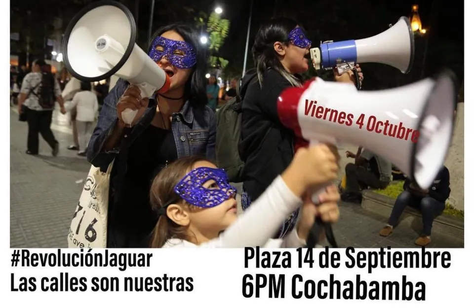 Un afiche: Revolución Jaguar, las calles son nuestras, viernes 4 de octubre, Plaza 14 de Septiembre, 18:00, Cochabamba.