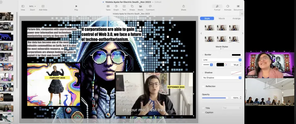 Una diapositiva sobre tecnoautoritarismo junto a una mujer en una videollamada.
