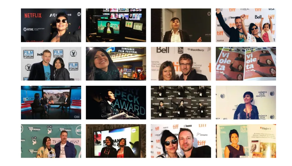 Una cuadrícula de dieciséis fotografías en festivales de cine y estrenos.