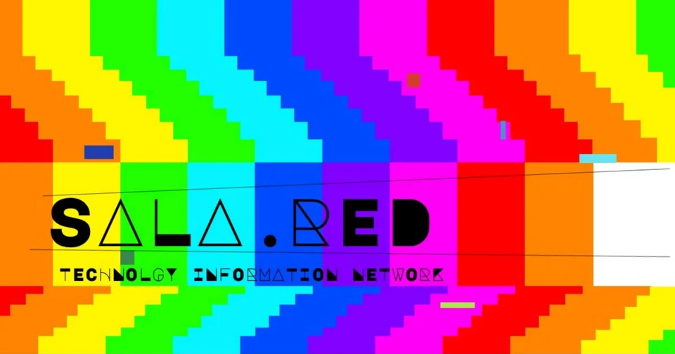 El logo de sala.red sobre franjas de color, con las palabras Technology Information Network.