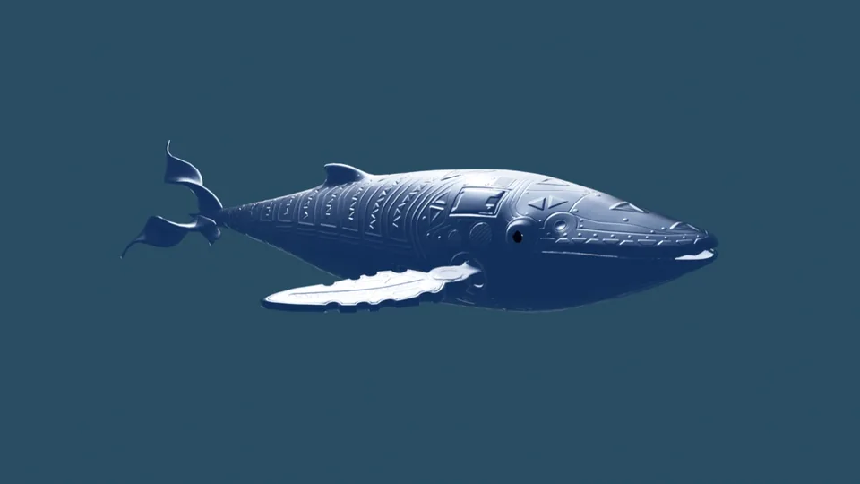 The digital whale, carved all over with Nazca-line patterns, swims across a deep blue background.
